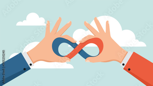 Two hands forming an infinity symbol, with clouds in a light blue sky