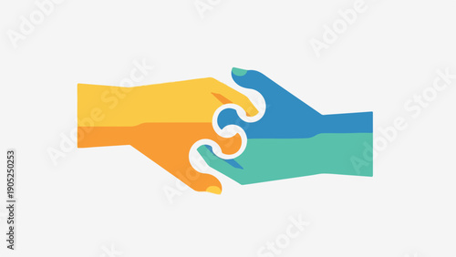 Two hands forming a jigsaw puzzle piece. Colors are blue, green, and orange