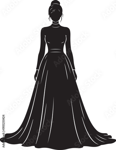 Black silhouette of a woman wearing a long flowing ball gown with her hair in a bun on a white background