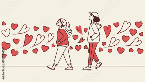 Minimalist Line Art Illustration of a Young Couple Walking Together Surrounded by Red and White Floating Hearts