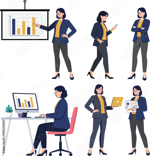 Collection of businesswomen in various poses and activities on a white background