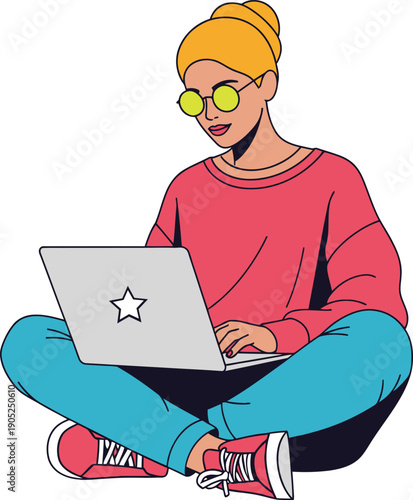 Young Woman with Yellow Hair Wearing Sunglasses and a Red Sweater Using a Laptop computer technology