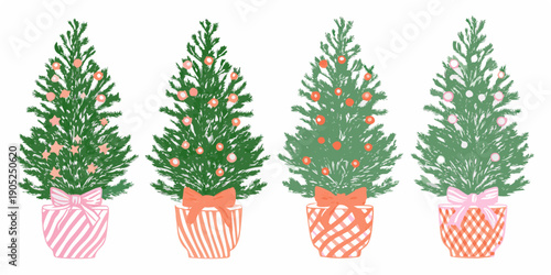 Four decorated christmas trees in pots a festive holiday illustration