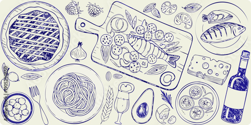 A whimsical sketch showcasing various food items arranged on a light surface