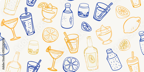 Colorful cocktail illustration with citrus slices and various drinkware