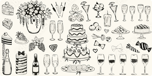 Elegant black and white illustration of wedding and celebration themed objects