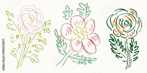 Three sketched floral arrangements with delicate lines and soft colors