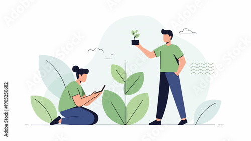 Two people with green shirts interact with plant and use a device