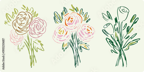 Delicate floral arrangements of roses sketched in a soft illustrative style