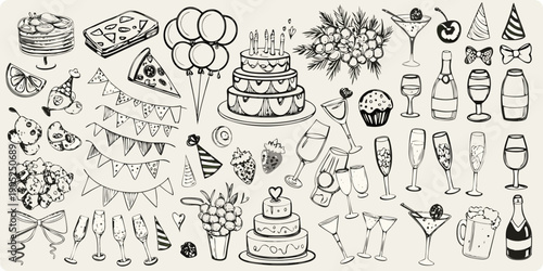 Celebration doodles cakes balloons champagne and party accessories