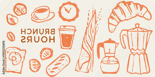 A colorful illustration of breakfast items and coffee brewing equipment