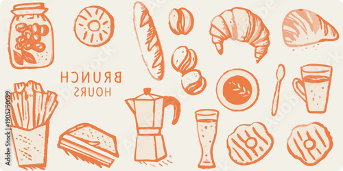 A collection of hand drawn brunch items including pastries coffee and snacks