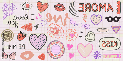 Colorful doodle collection featuring hearts lips and various playful illustrations