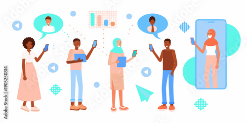 Diverse people connected through smartphones and video calls in a modern illustration