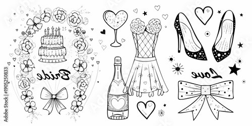 A charming black and white illustration of celebratory items for a bridal event
