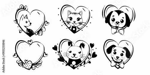 Charming black and white illustrations of animals within heart shaped frames