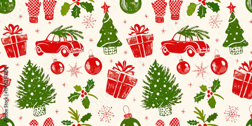 Festive christmas pattern with vintage illustrations of gifts and cars