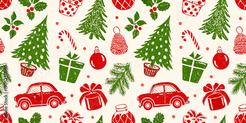 Festive christmas pattern featuring trees gifts cars and ornaments
