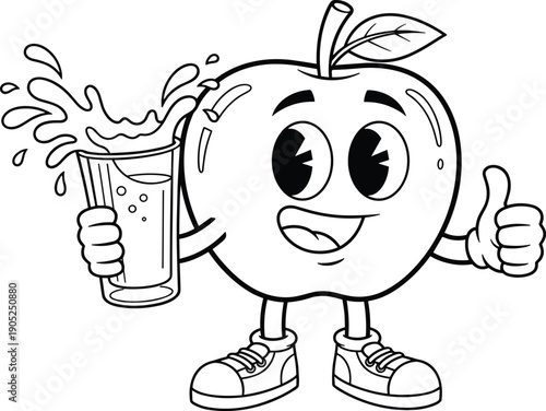 Cartoon apple character, thumbs up fruit, juice splash, healthy drink, smiling face, sneakers, leaf stem, fun mascot, vector, cute