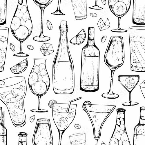 Hand drawn sketch of various cocktail glasses bottles and citrus slices