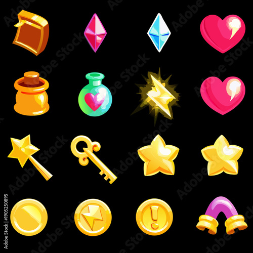 Colorful collection of cartoon game icons gems coins stars and potions