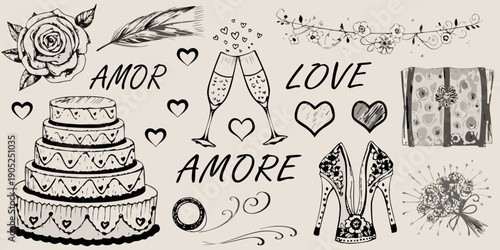 Romantic doodles including hearts cake champagne and wedding elements