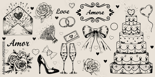 Vintage style wedding elements including roses love letters and celebratory items