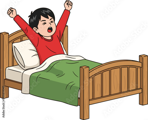 Cartoon child waking up in bed, morning stretch, yawning boy, green blanket, wooden bed, sleep routine, wake up illustration, cozy bedroom