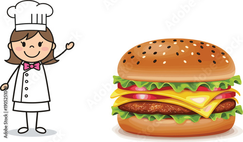 Cartoon chef, smiling character, waving hand, gourmet cheeseburger, colorful layers, lettuce, tomato, cheese, beef patty, sesame bun, vector illustration