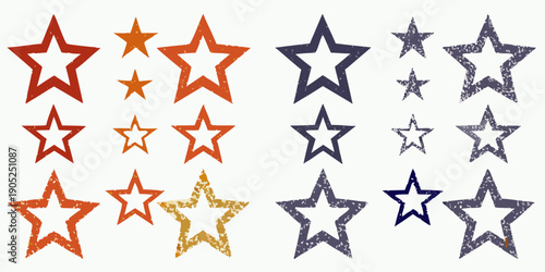 Collection of textured colorful stars in varying sizes and shades