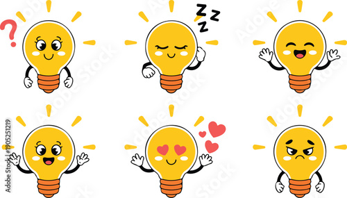 Cute Light Bulb Character Emotions Illustration Set Showing Ideas, Feelings, and Expressions