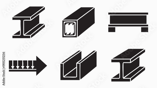 Industrial metal profiles vector icons set, various steel beams and structural sections