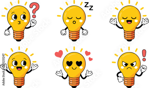Cute Light Bulb Character Emotions Illustration Set Showing Ideas, Feelings, and Expressions