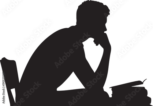 Silhouette of person sitting at desk with books and hand on chin