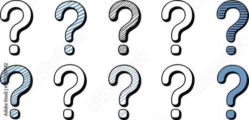 Hand Drawn Question Mark Icon Set in Blue Sketch Style for FAQ, Help, Uncertainty, and Inquiry Design