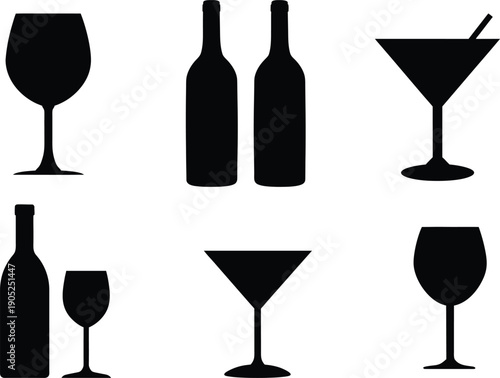 Various wine glasses and alcoholic bottle silhouette set. Drinkware item silhouette perfect for creative design. Eps 10
