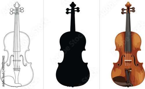 Violin illustration set with outline silhouette and realistic wooden instrument classical music vector artwork isolated