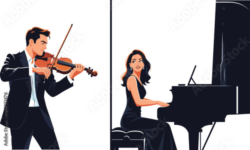 Classical music performance, violin and piano duet, elegant musicians, formal concert attire, artistic collaboration, live recital, harmony, stage, expression, joy