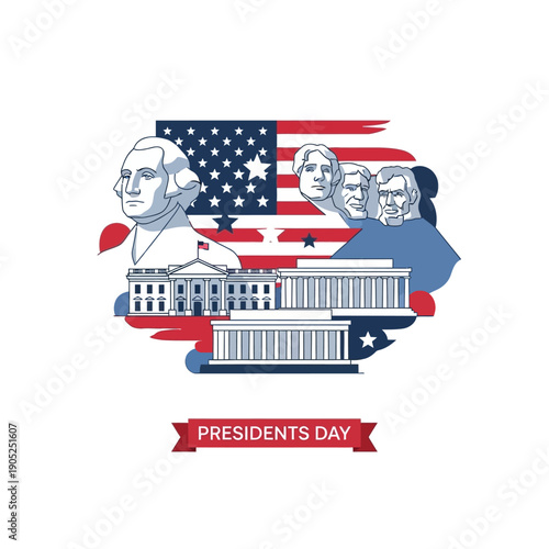 Presidents Day USA: Washington, Lincoln, Mount Rushmore, White House, American Flag