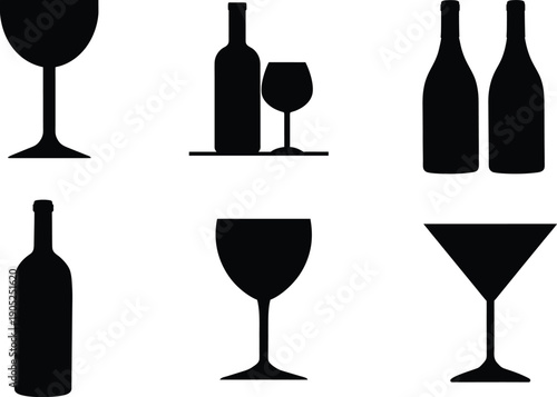 Drinkware silhouette set illustration. Martini Glasse, Wine glass, bottle silhouette perfect for craft beer packaging and beverage industry designs. Eps 10
