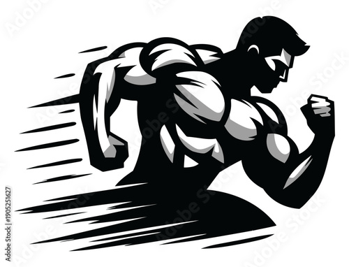 Muscular male body builder logo sprinting forward with speed lines, symbolizing strength, speed, and peak athletic performance