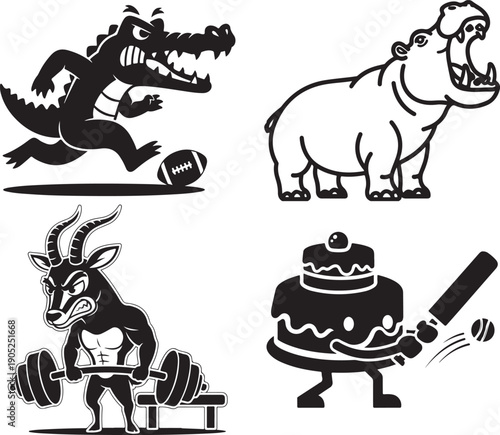 Vector cartoon animal mascots: alligator playing football, hippo, muscular gazelle lifting weights, cake playing cricket, isolated on white