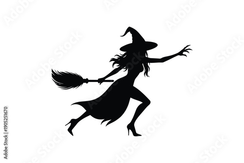 Witch silhouette flying on broomstick with magic hat and flowing dress for halloween holiday spooky character
