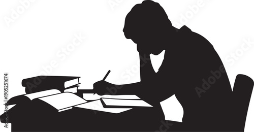 Silhouette of person studying with books and papers on desk