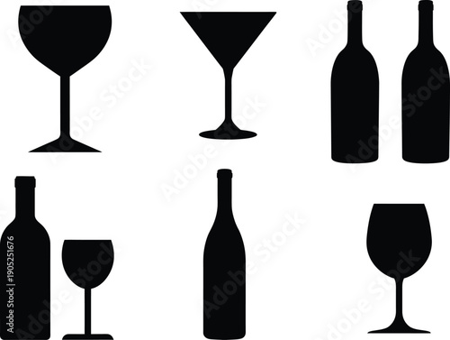 Drinkware silhouette set illustration. Martini Glasse, Wine glass, bottle silhouette perfect for craft beer packaging and beverage industry designs. Eps 10
