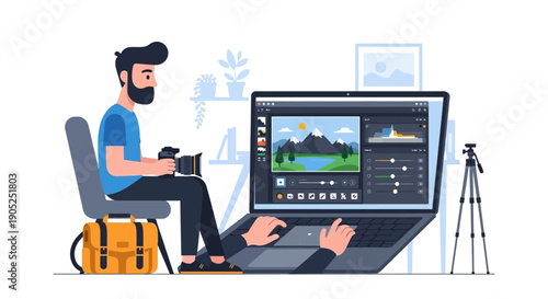 Photographer editing an image on a laptop with creative software.