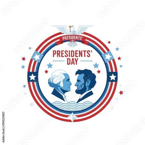 Presidents Day Illustration: Washington & Lincoln, American Flag Colors, Eagle Emblem