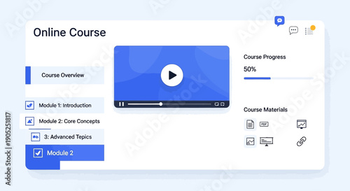 Online course platform user interface with video player and progress bar.