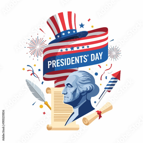 Presidents' Day Celebration with George Washington, Uncle Sam Hat, Flag, Fireworks