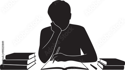 Silhouette of person studying with books and pen